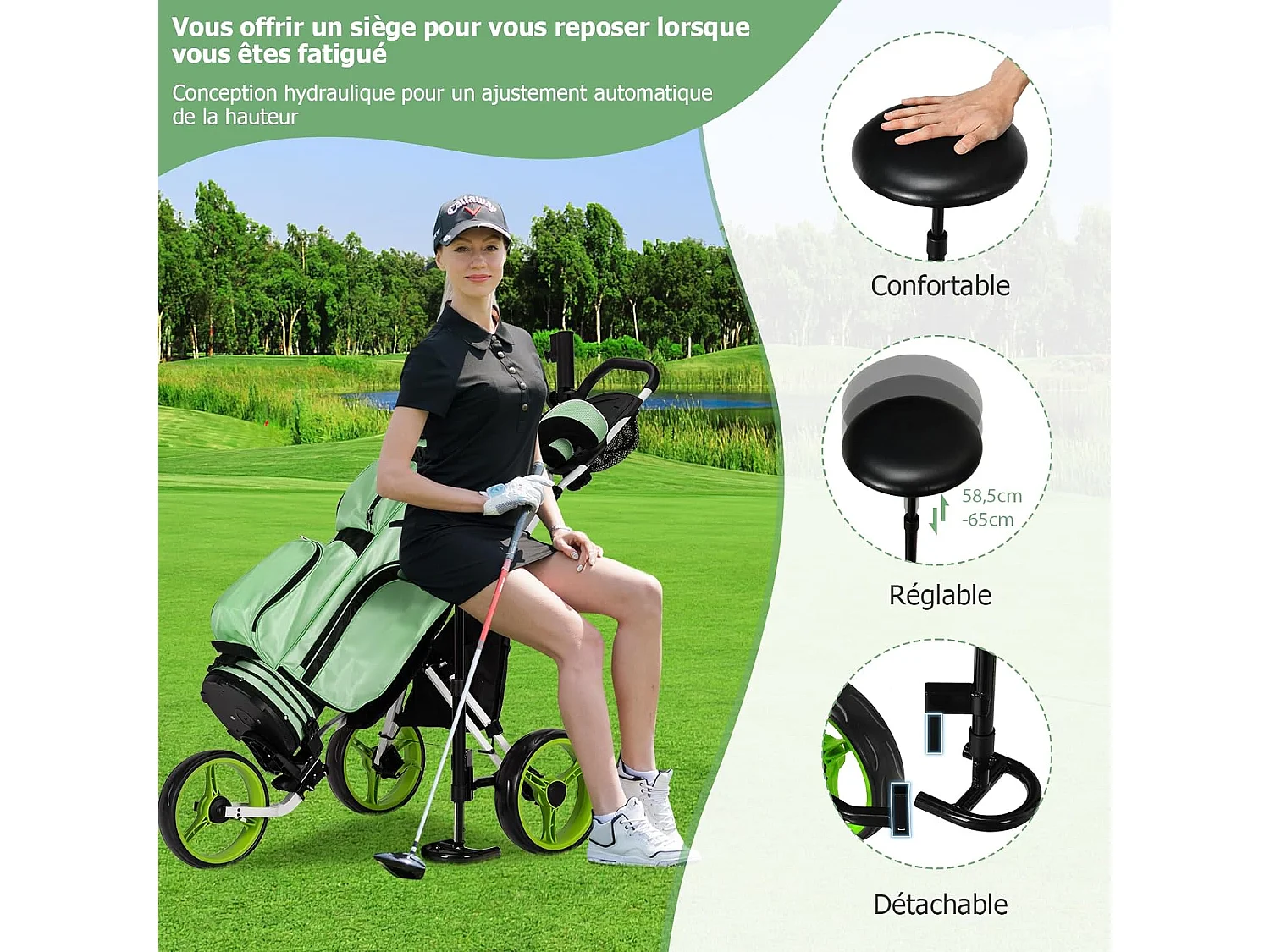 Chariot de Golf à 3 Roues Pliable, avec Porte-gobelet, Frein à Pied, Tableau de Score, Sac de Rangement, Poignée Réglable sur 4 Positions, Porte-Parapluie et Siège Réglables(Vert + Noir)