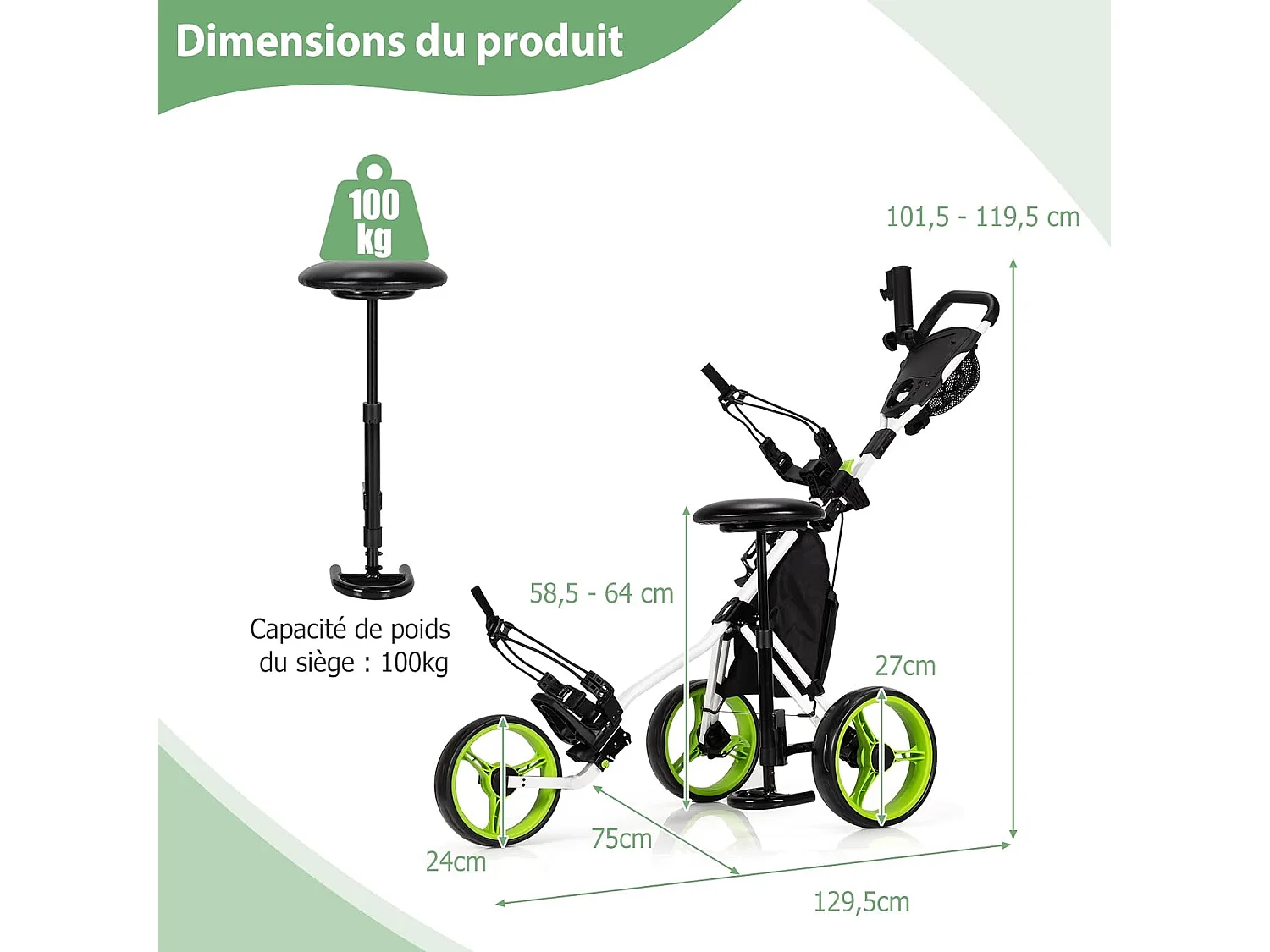 Chariot de Golf à 3 Roues Pliable, avec Porte-gobelet, Frein à Pied, Tableau de Score, Sac de Rangement, Poignée Réglable sur 4 Positions, Porte-Parapluie et Siège Réglables(Vert + Noir)