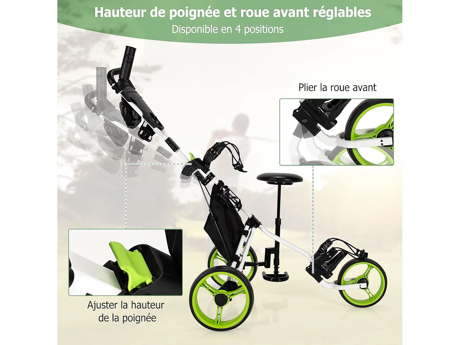Chariot de Golf à 3 Roues Pliable, avec Porte-gobelet, Frein à Pied, Tableau de Score, Sac de Rangement, Poignée Réglable sur 4 Positions, Porte-Parapluie et Siège Réglables(Vert + Noir)