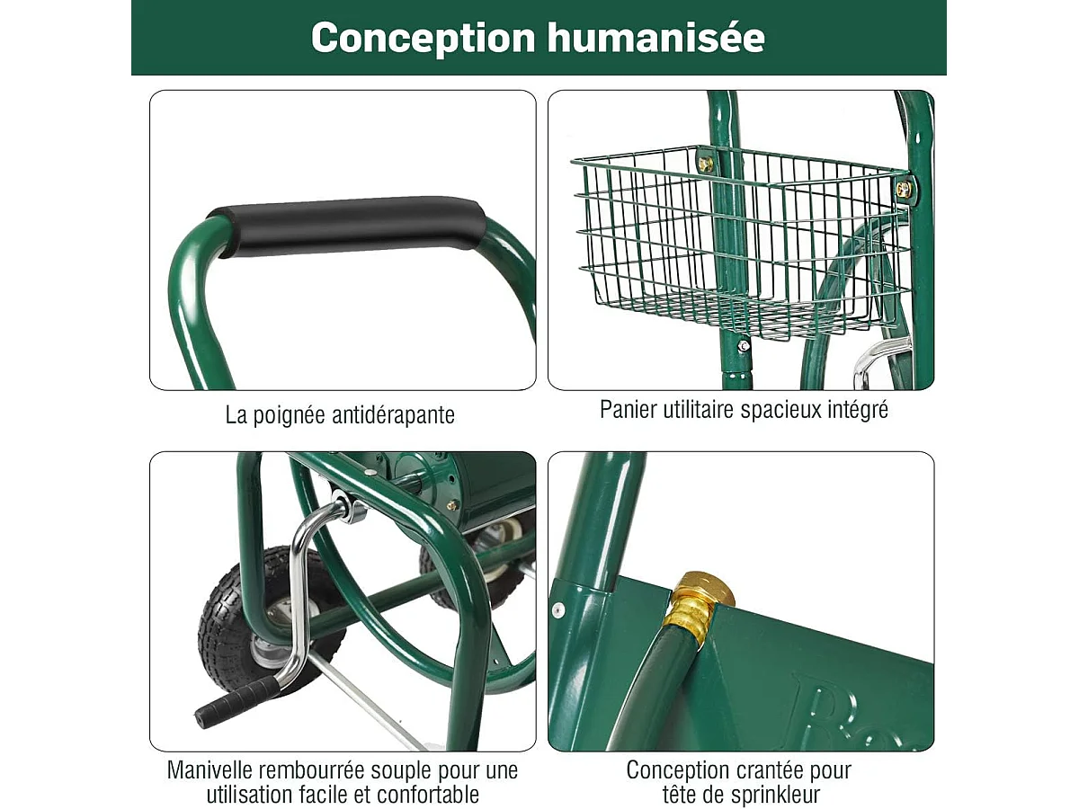 Bewateringswagen, besproeiingsslanghaspel met 4 zwenkwielen, opbergmand en 1,7 m slang voor tuin 95 x 62 x 113 cm
