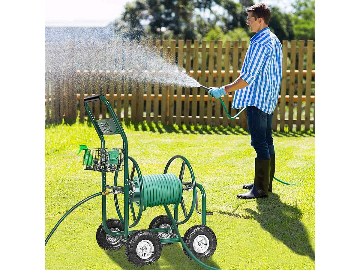 Bewateringswagen, besproeiingsslanghaspel met 4 zwenkwielen, opbergmand en 1,7 m slang voor tuin 95 x 62 x 113 cm