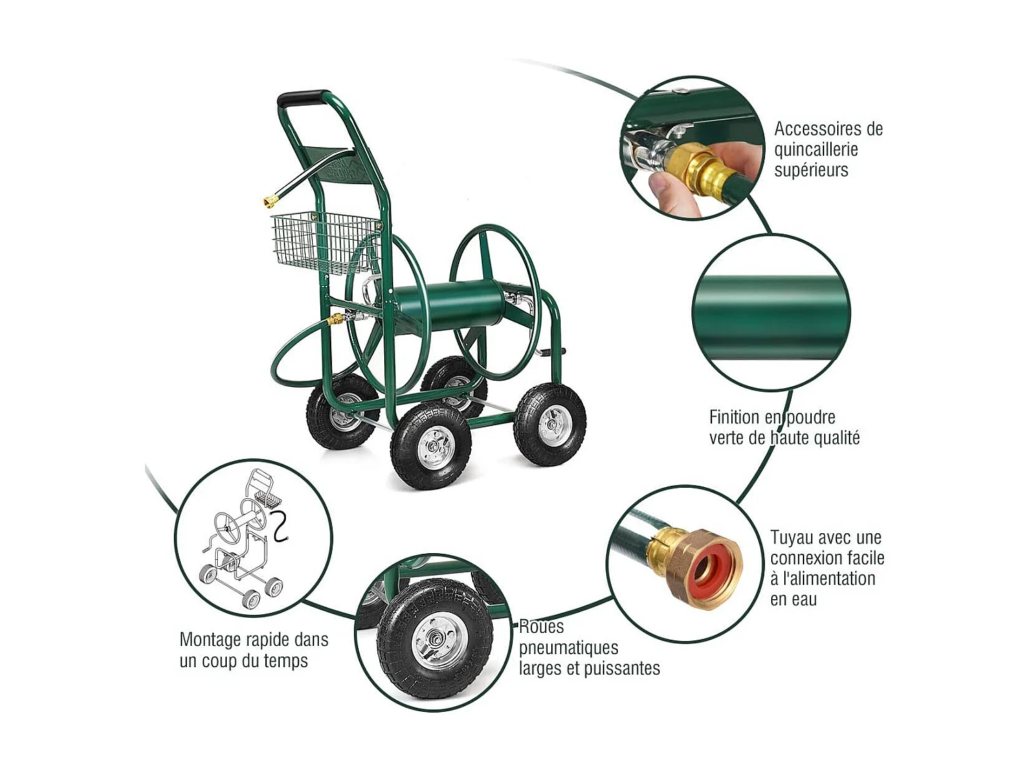 Bewateringswagen, besproeiingsslanghaspel met 4 zwenkwielen, opbergmand en 1,7 m slang voor tuin 95 x 62 x 113 cm