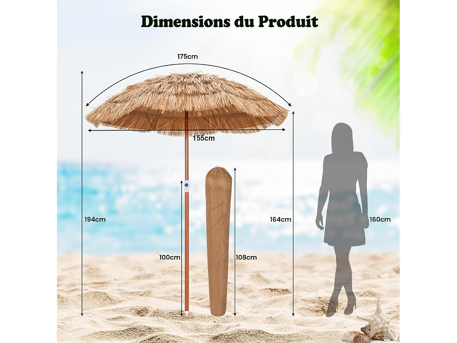 Parasol inclinable hawaïen 140-195cm avec sac de transport--UPF 30+/Ø155 cm Parasol de Plage en Paille pour Terrasse Jardin Piscine