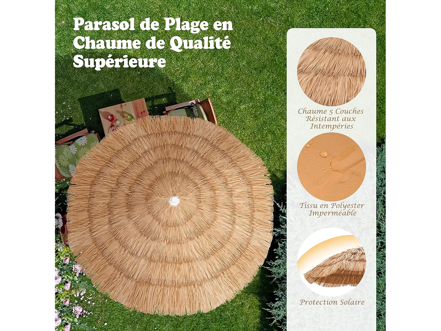 Parasol inclinable hawaïen 140-195cm avec sac de transport--UPF 30+/Ø155 cm Parasol de Plage en Paille pour Terrasse Jardin Piscine
