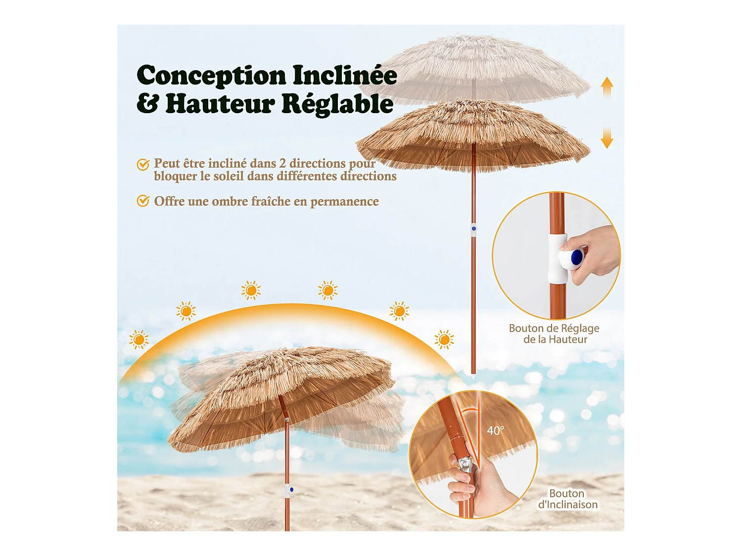 Parasol inclinable hawaïen 140-195cm avec sac de transport--UPF 30+/Ø155 cm Parasol de Plage en Paille pour Terrasse Jardin Piscine