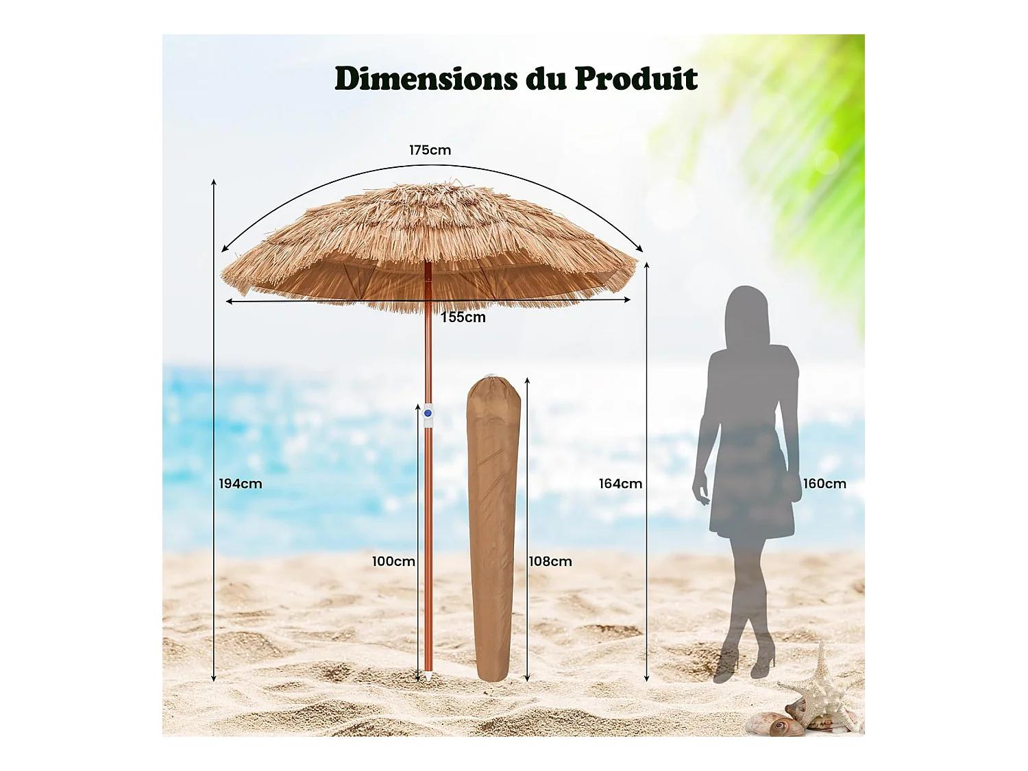 Parasol inclinable hawaïen 140-195cm avec sac de transport--UPF 30+/Ø155 cm Parasol de Plage en Paille pour Terrasse Jardin Piscine
