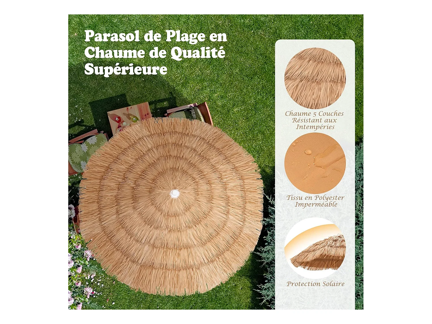 Parasol inclinable hawaïen 140-195cm avec sac de transport--UPF 30+/Ø155 cm Parasol de Plage en Paille pour Terrasse Jardin Piscine