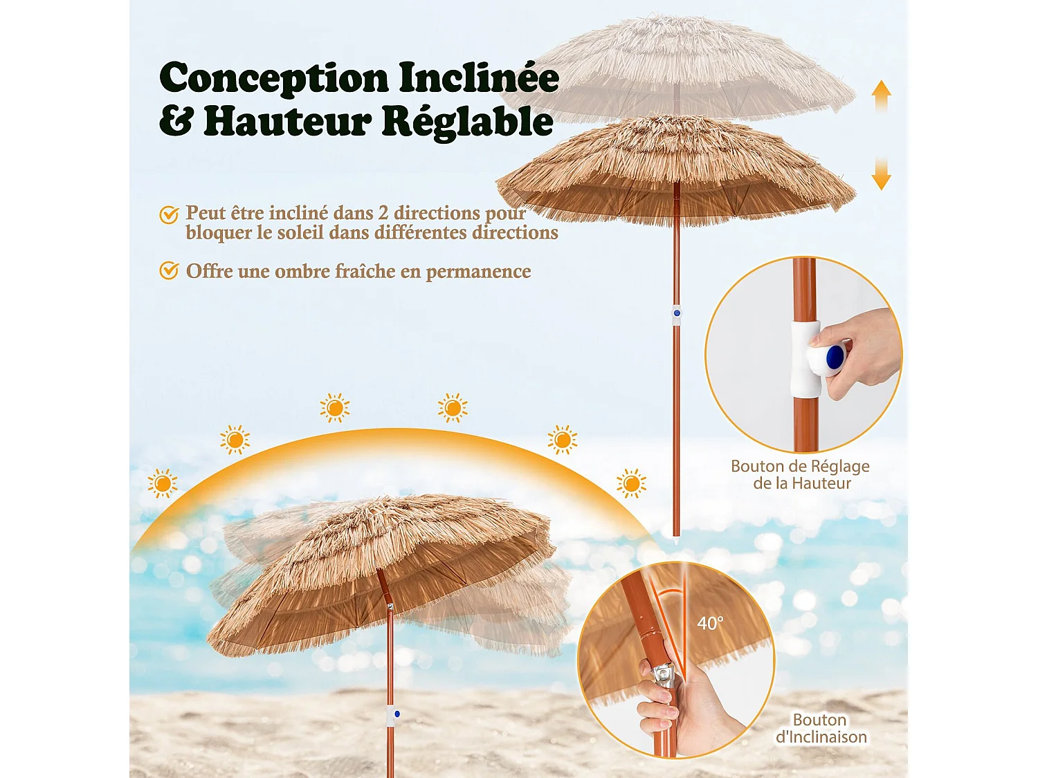 Parasol inclinable hawaïen 140-195cm avec sac de transport--UPF 30+/Ø155 cm Parasol de Plage en Paille pour Terrasse Jardin Piscine