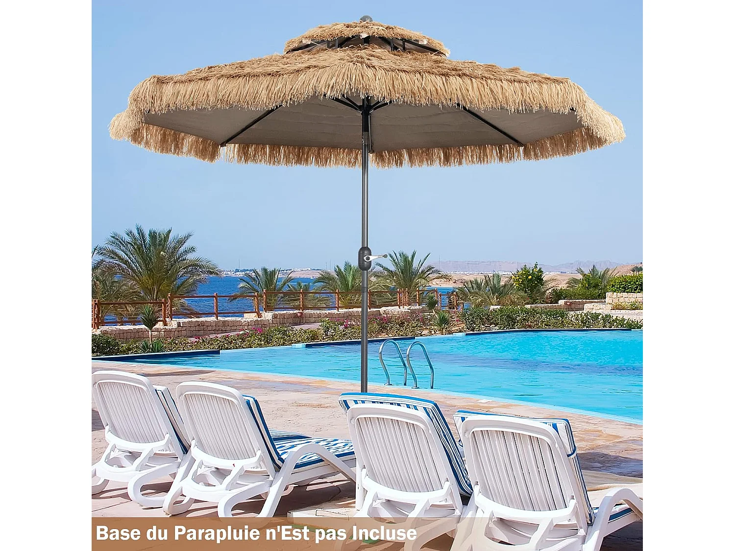 Parasol de Plage Style Hawaï 2,7 m Double Aération avec 8 Baleines Système de Manivelle Manuel Inclinaison Réglable