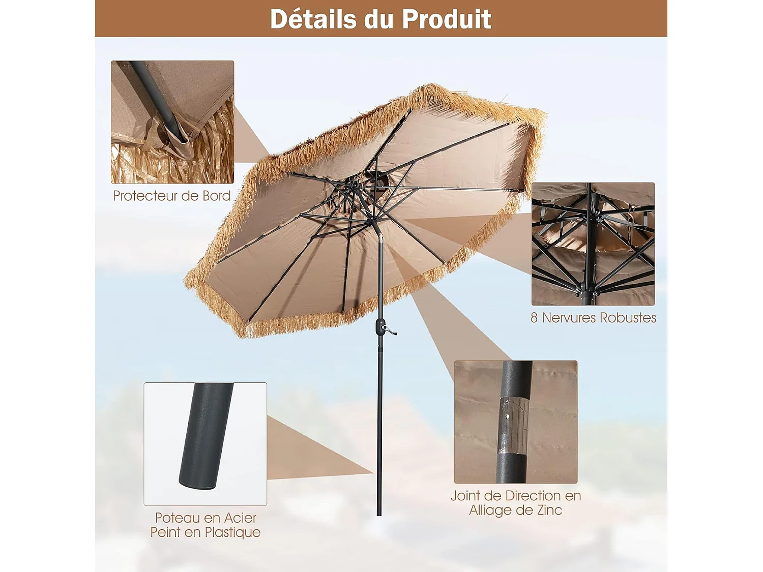 Parasol de Plage Style Hawaï 2,7 m Double Aération avec 8 Baleines Système de Manivelle Manuel Inclinaison Réglable