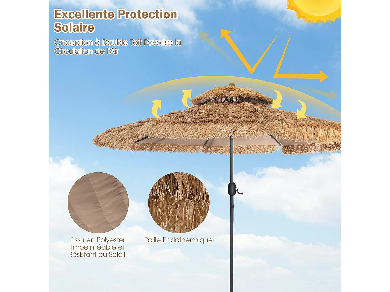 Parasol de Plage Style Hawaï 2,7 m Double Aération avec 8 Baleines Système de Manivelle Manuel Inclinaison Réglable