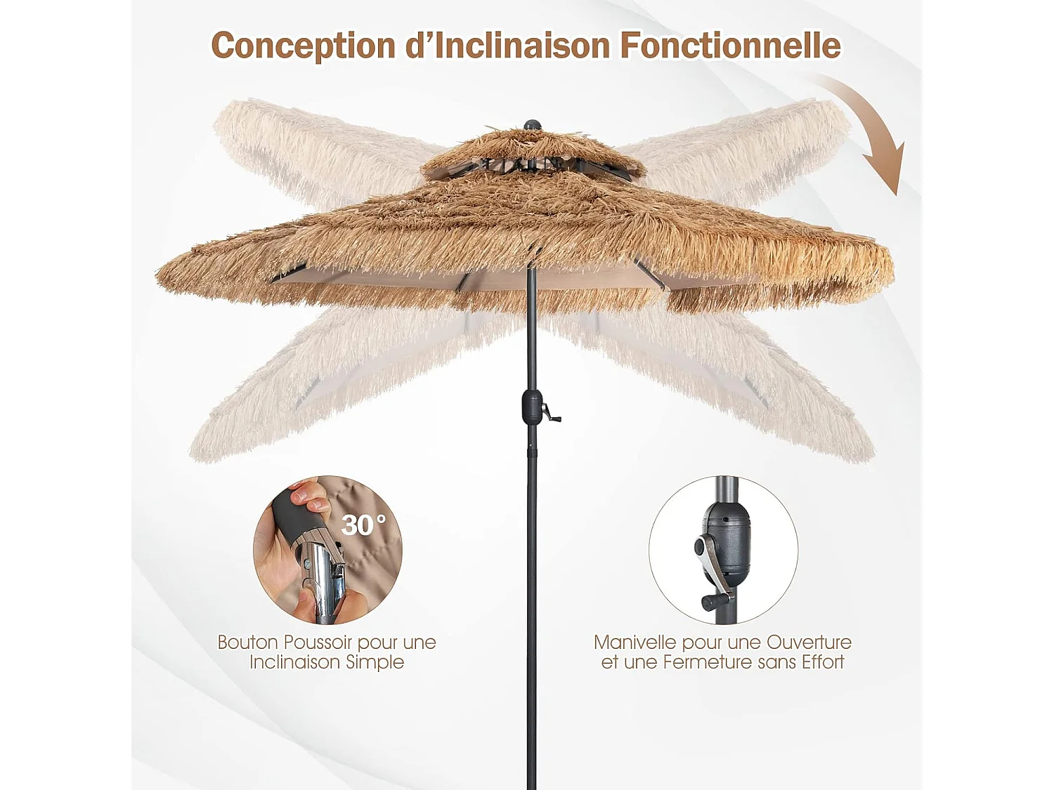 Parasol de Plage Style Hawaï 2,7 m Double Aération avec 8 Baleines Système de Manivelle Manuel Inclinaison Réglable