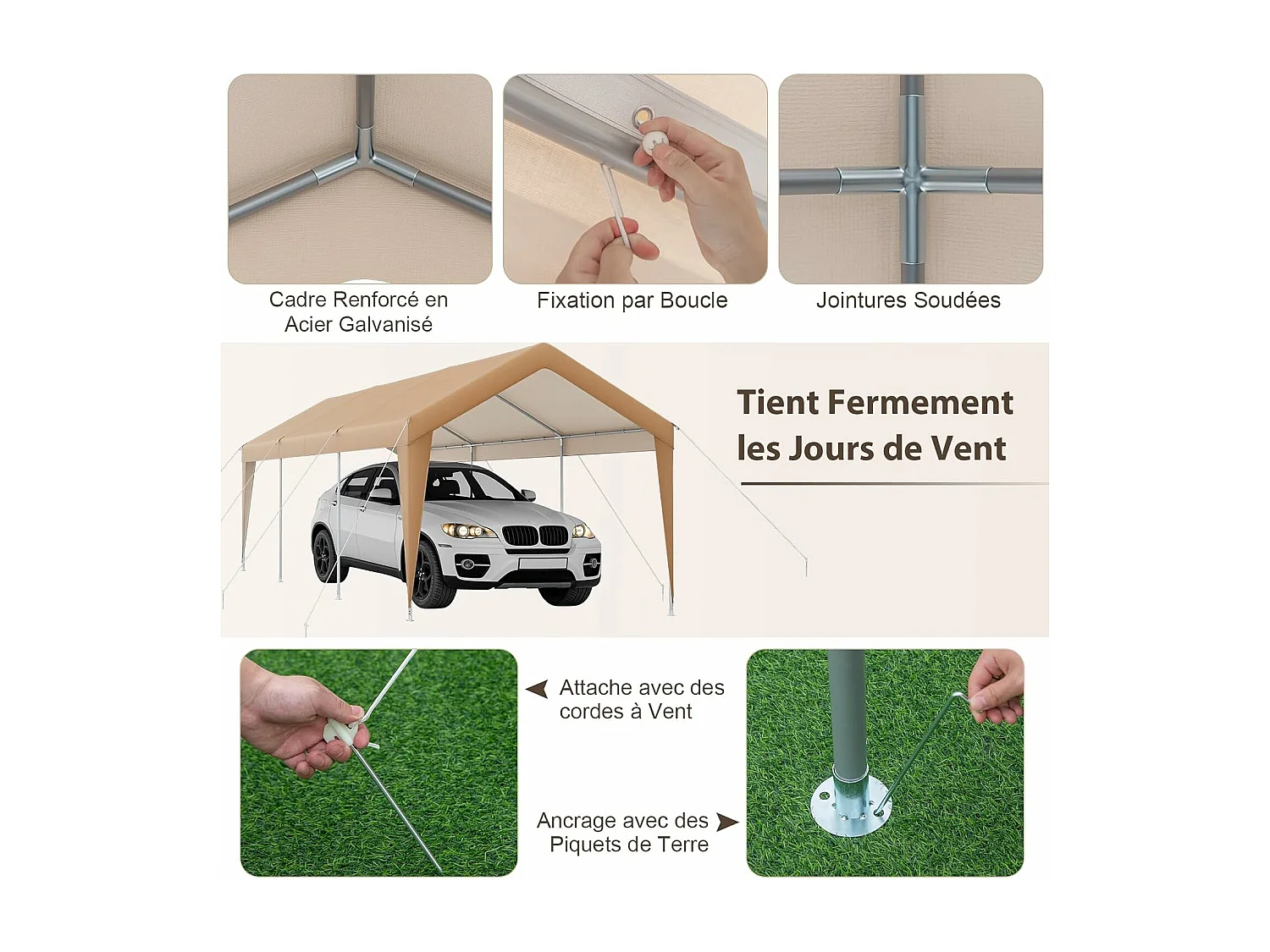 Abri de Voiture/Carport 3 x 6 m - Cadre en Acier Galvanisé/Tente de Garage PE 160g/㎡ Tente de Réception/Tonnelle Extérieure