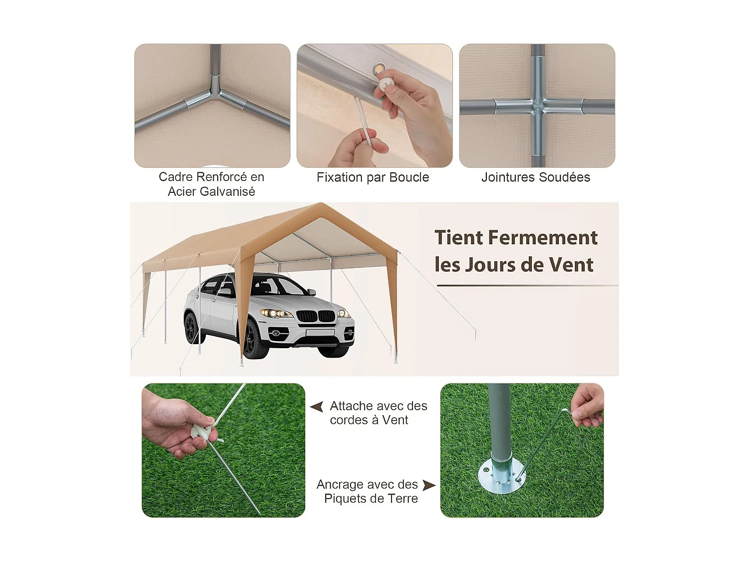 Abri de Voiture/Carport 3 x 6 m - Cadre en Acier Galvanisé/Tente de Garage PE 160g/㎡ Tente de Réception/Tonnelle Extérieure
