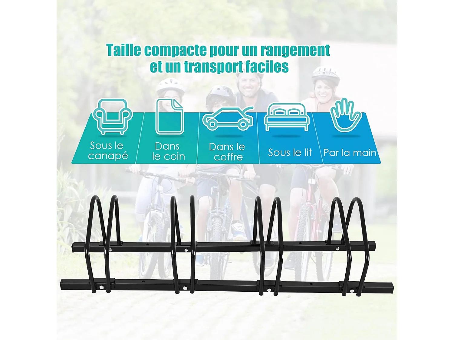 Râtelier 4 Vélos en Acier Fixation au Sol ou Mur 120x32.5x26CM Résistant aux Intempéries Antirouille Ecole Commerce Noir