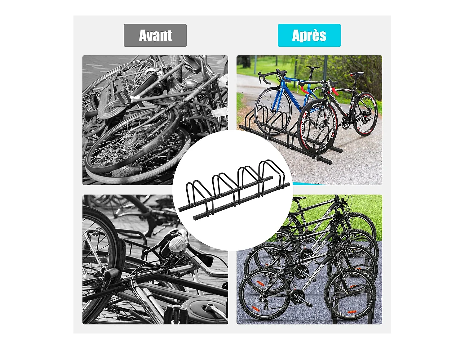 Râtelier 4 Vélos en Acier Fixation au Sol ou Mur 120x32.5x26CM Résistant aux Intempéries Antirouille Ecole Commerce Noir