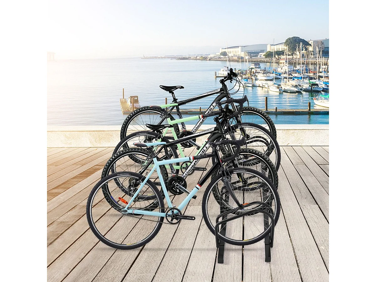 Râtelier 4 Vélos en Acier Fixation au Sol ou Mur 120x32.5x26CM Résistant aux Intempéries Antirouille Ecole Commerce Noir