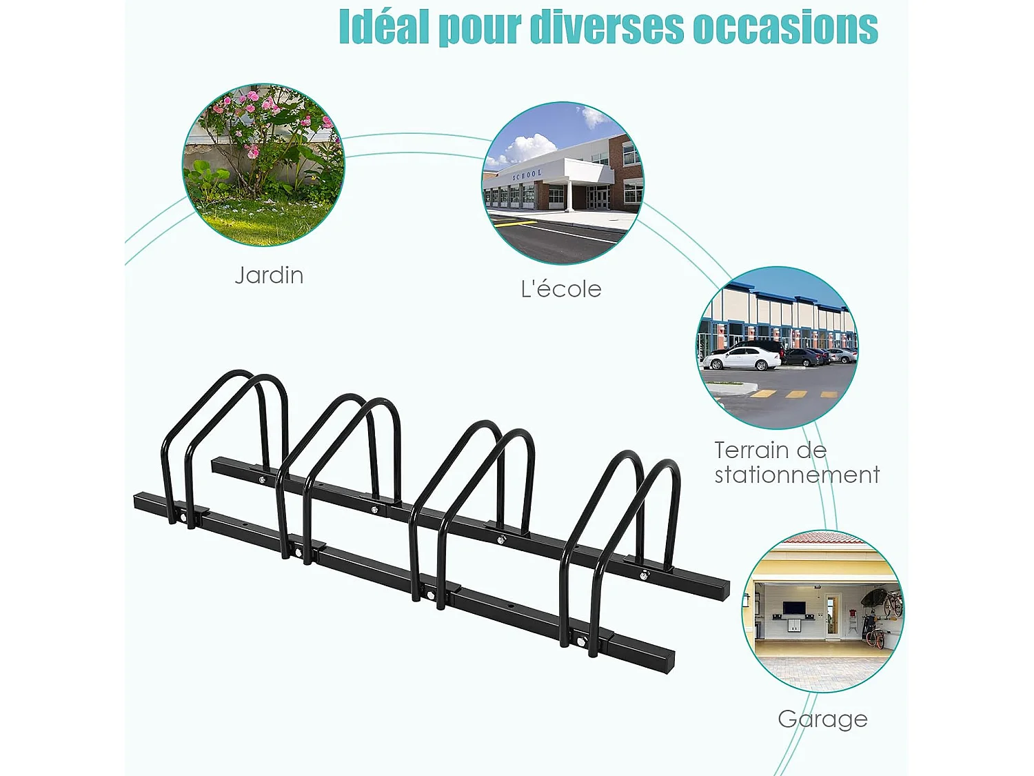 Râtelier 4 Vélos en Acier Fixation au Sol ou Mur 120x32.5x26CM Résistant aux Intempéries Antirouille Ecole Commerce Noir