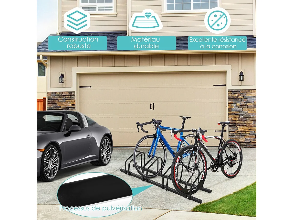 Râtelier 4 Vélos en Acier Fixation au Sol ou Mur 120x32.5x26CM Résistant aux Intempéries Antirouille Ecole Commerce Noir