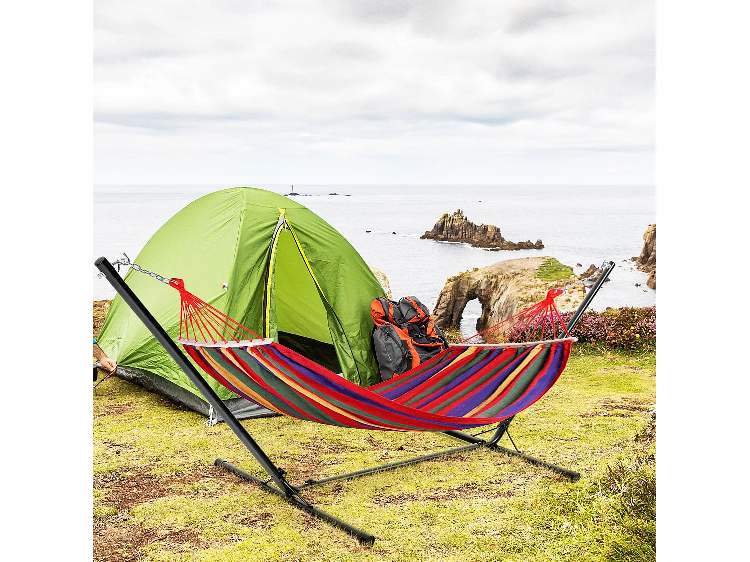 Support de Hamac en Métal 325 x 100 x 106 cm Charge 150 KG Chaîne Réglable avec Crochets pour Intérieur Extérieur（Noir)