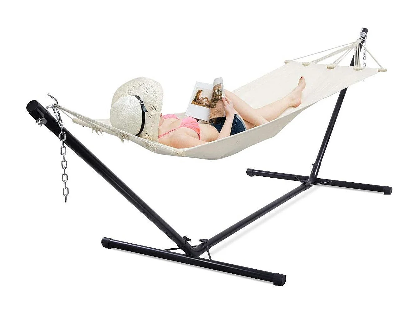 Support de Hamac en Métal 325 x 100 x 106 cm Charge 150 KG Chaîne Réglable avec Crochets pour Intérieur Extérieur（Noir)