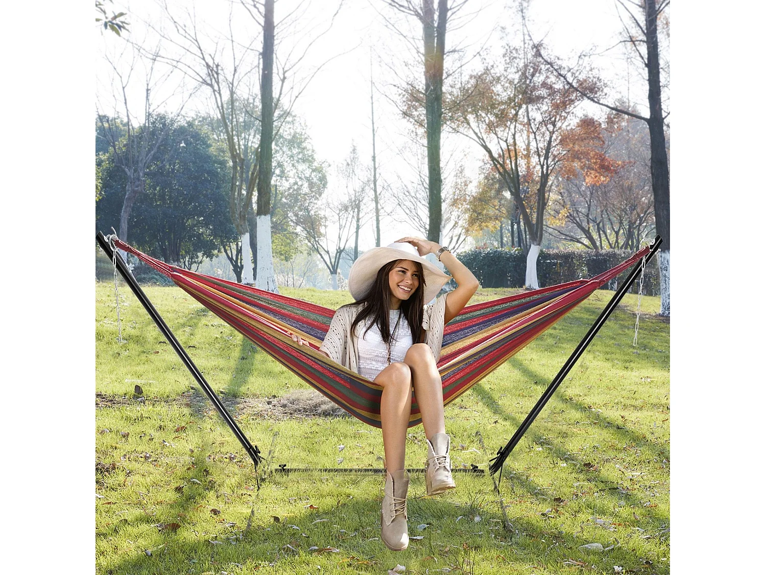 Support de Hamac en Métal 325 x 100 x 106 cm Charge 150 KG Chaîne Réglable avec Crochets pour Intérieur Extérieur（Noir)