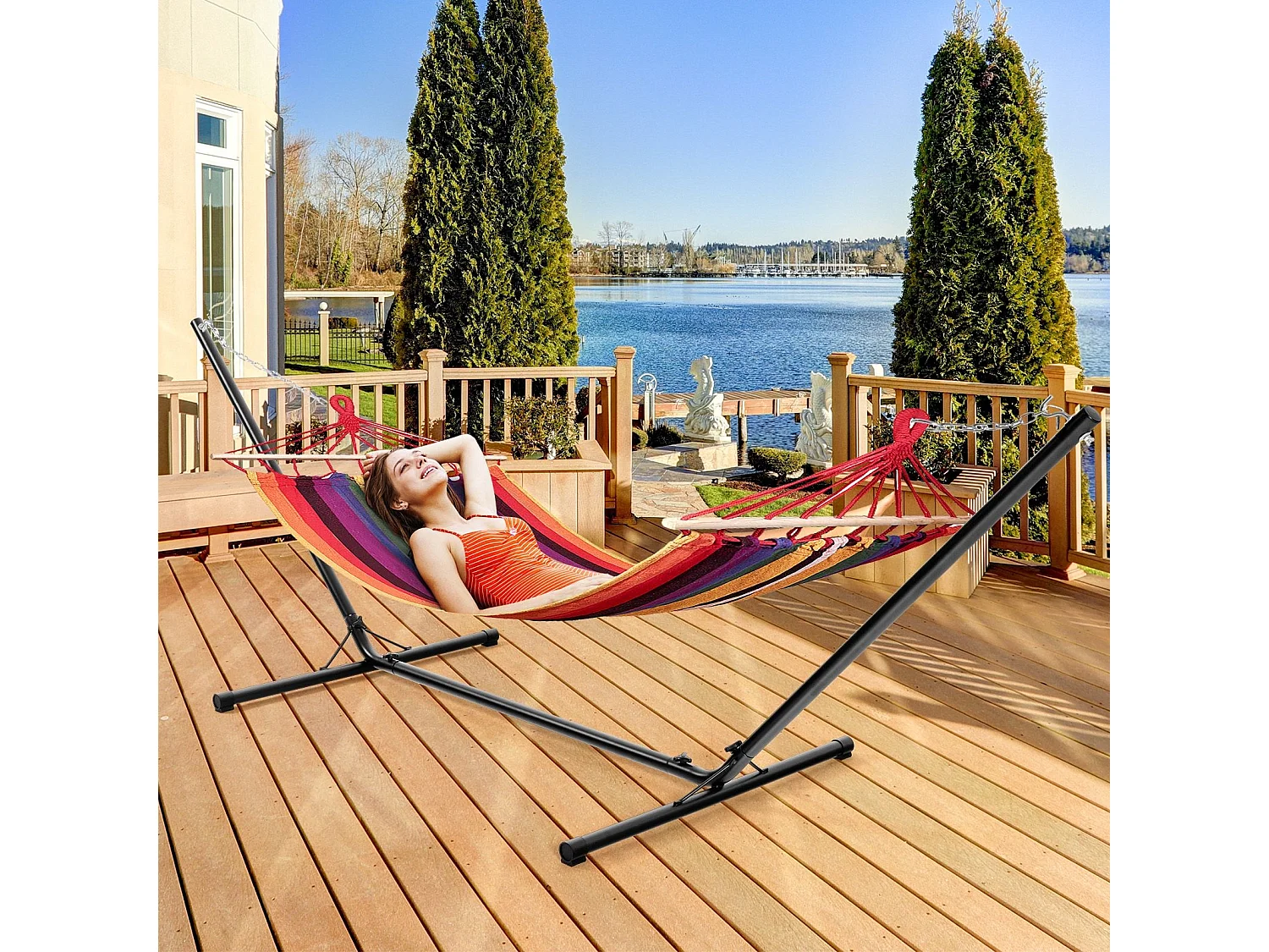 Support de Hamac en Métal 325 x 100 x 106 cm Charge 150 KG Chaîne Réglable avec Crochets pour Intérieur Extérieur（Noir)