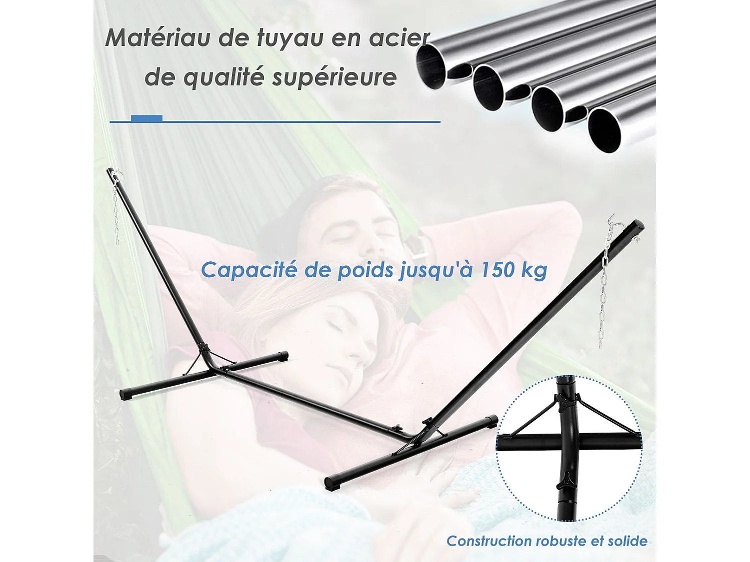Support de Hamac en Métal 325 x 100 x 106 cm Charge 150 KG Chaîne Réglable avec Crochets pour Intérieur Extérieur（Noir)