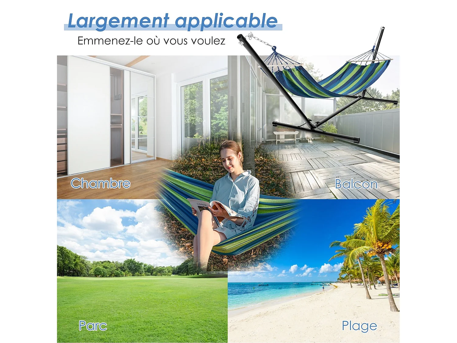 Support de Hamac en Métal 325 x 100 x 106 cm Charge 150 KG Chaîne Réglable avec Crochets pour Intérieur Extérieur（Noir)