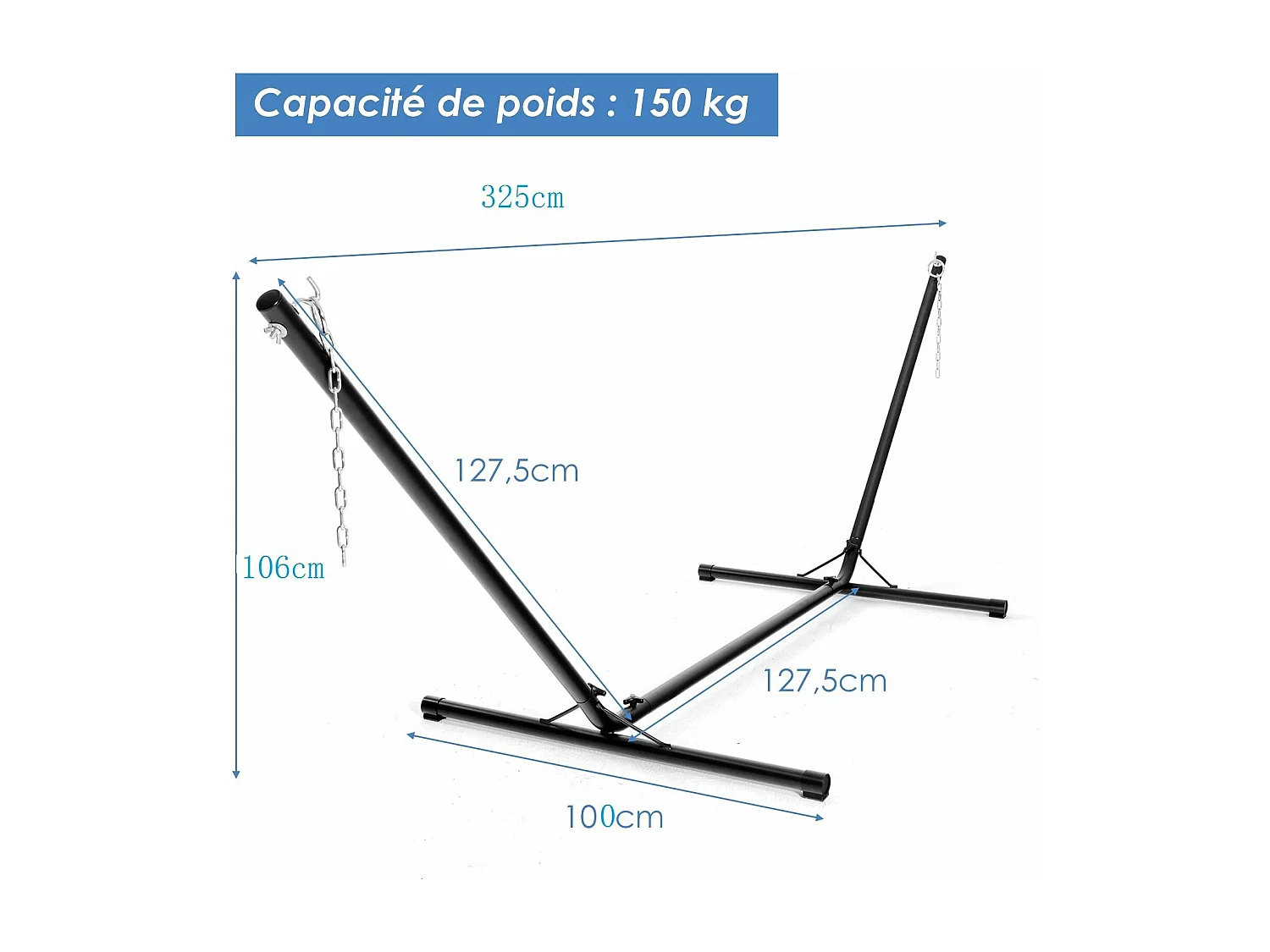 Support de Hamac en Métal 325 x 100 x 106 cm Charge 150 KG Chaîne Réglable avec Crochets pour Intérieur Extérieur（Noir)
