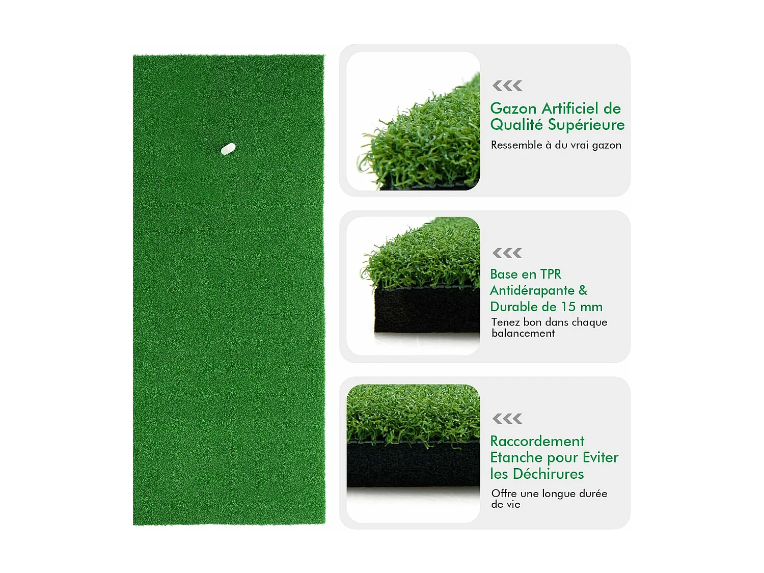 Tapis d'Entraînement de Golf/Tapis de Frappe de Golf, 1,5 x 1m, 2 Positions de Tee et 3 Tees en Caoutchouc Inclus, Utilisation Intérieure et Extérieure