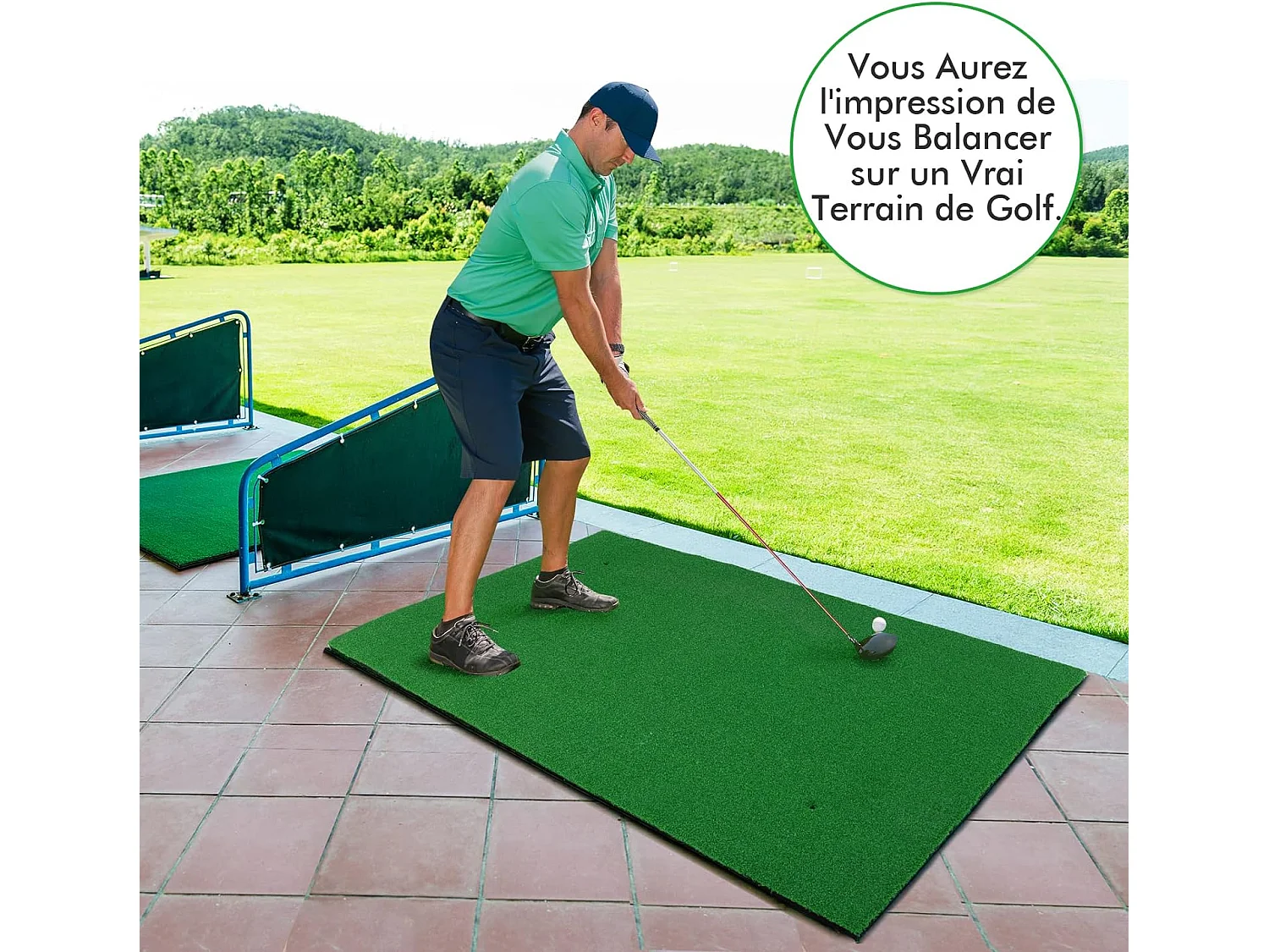 Tapis d'Entraînement de Golf/Tapis de Frappe de Golf, 1,5 x 1m, 2 Positions de Tee et 3 Tees en Caoutchouc Inclus, Utilisation Intérieure et Extérieure