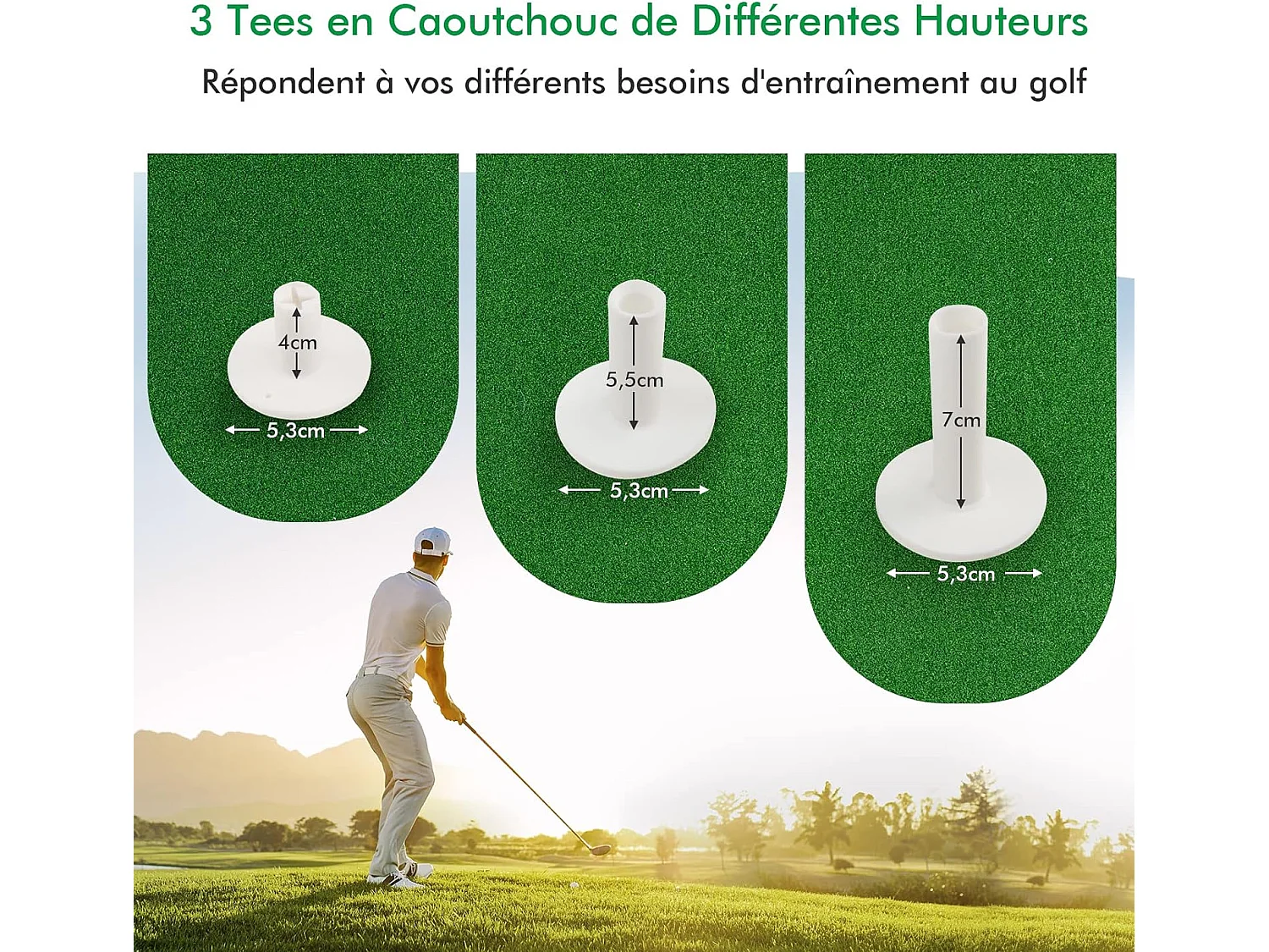 Tapis d'Entraînement de Golf/Tapis de Frappe de Golf, 1,5 x 1m, 2 Positions de Tee et 3 Tees en Caoutchouc Inclus, Utilisation Intérieure et Extérieure