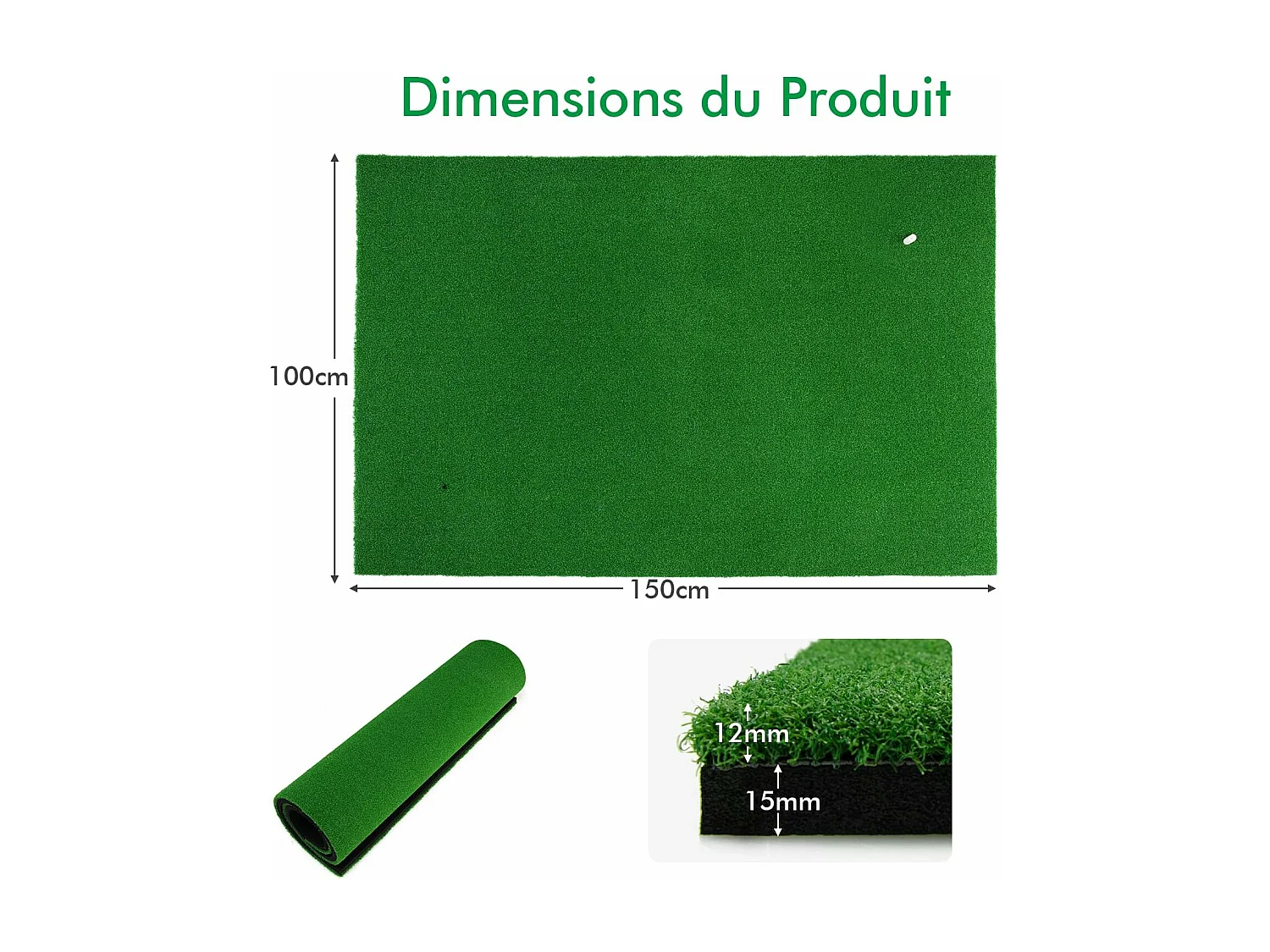 Tapis d'Entraînement de Golf/Tapis de Frappe de Golf, 1,5 x 1m, 2 Positions de Tee et 3 Tees en Caoutchouc Inclus, Utilisation Intérieure et Extérieure