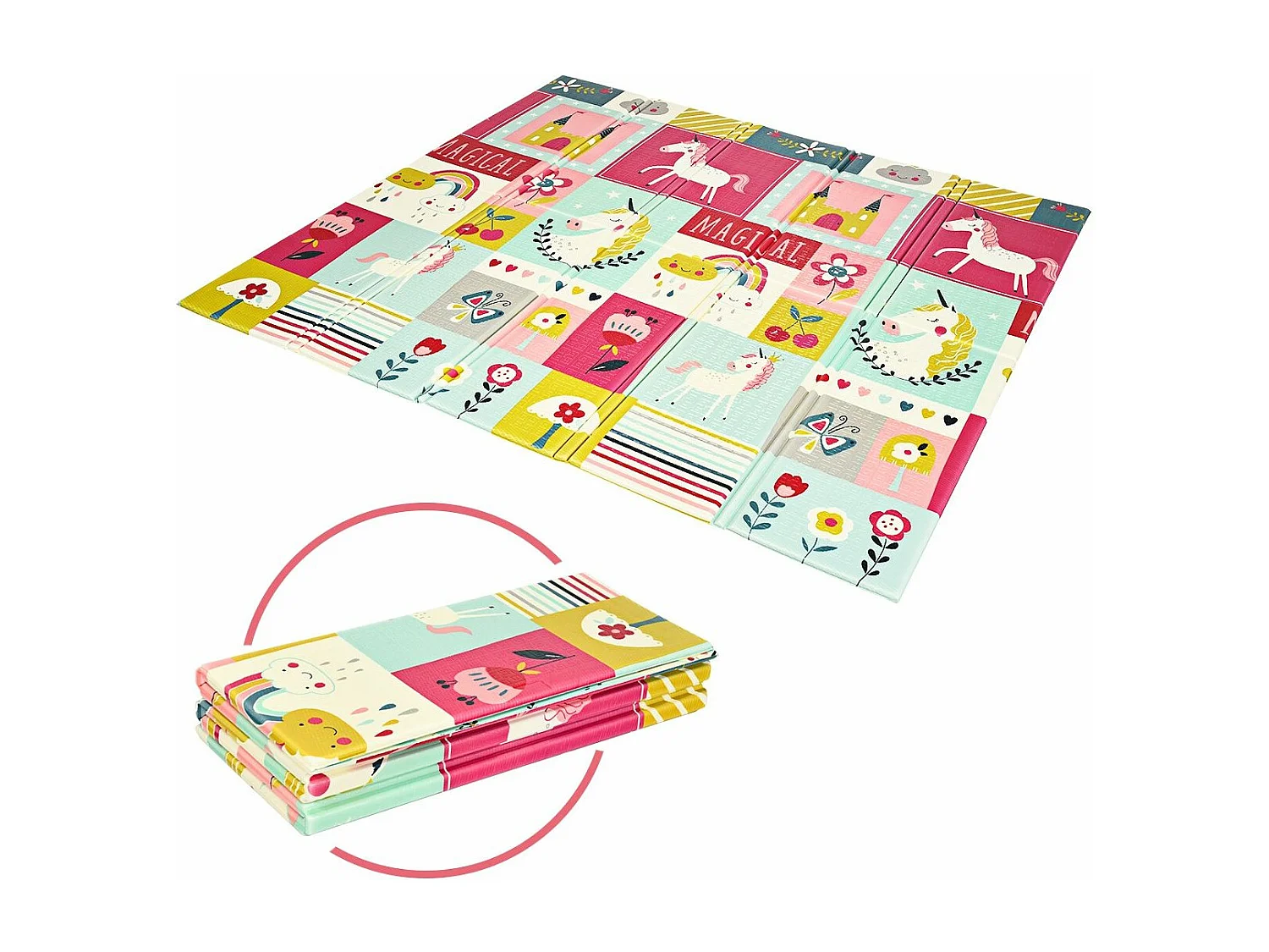 Tapis de Jeu pour Bébé Pliable 200x180x1,4CM avec l'Image Licorne/Lion en Mousse XPE Non Toxique Antidérapant Double Face avec Sac de Transport