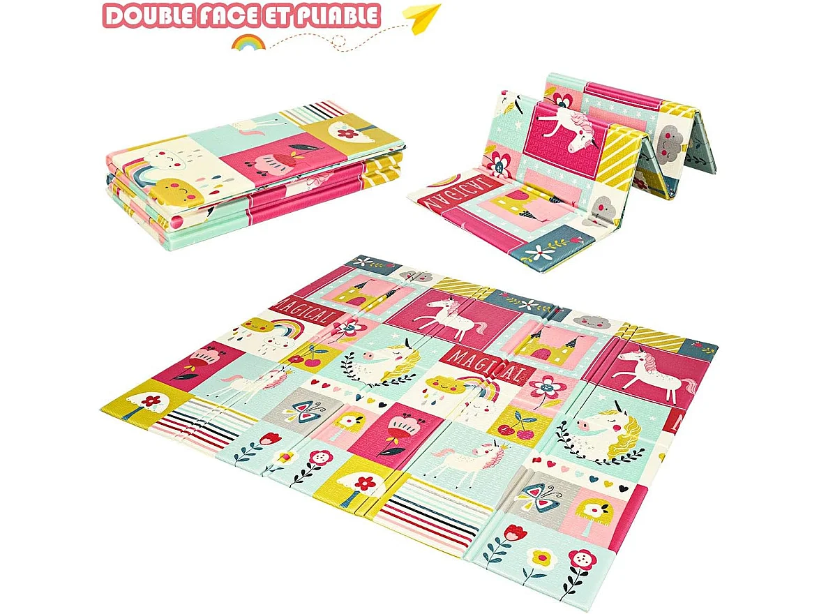 Tapis de Jeu pour Bébé Pliable 200x180x1,4CM avec l'Image Licorne/Lion en Mousse XPE Non Toxique Antidérapant Double Face avec Sac de Transport