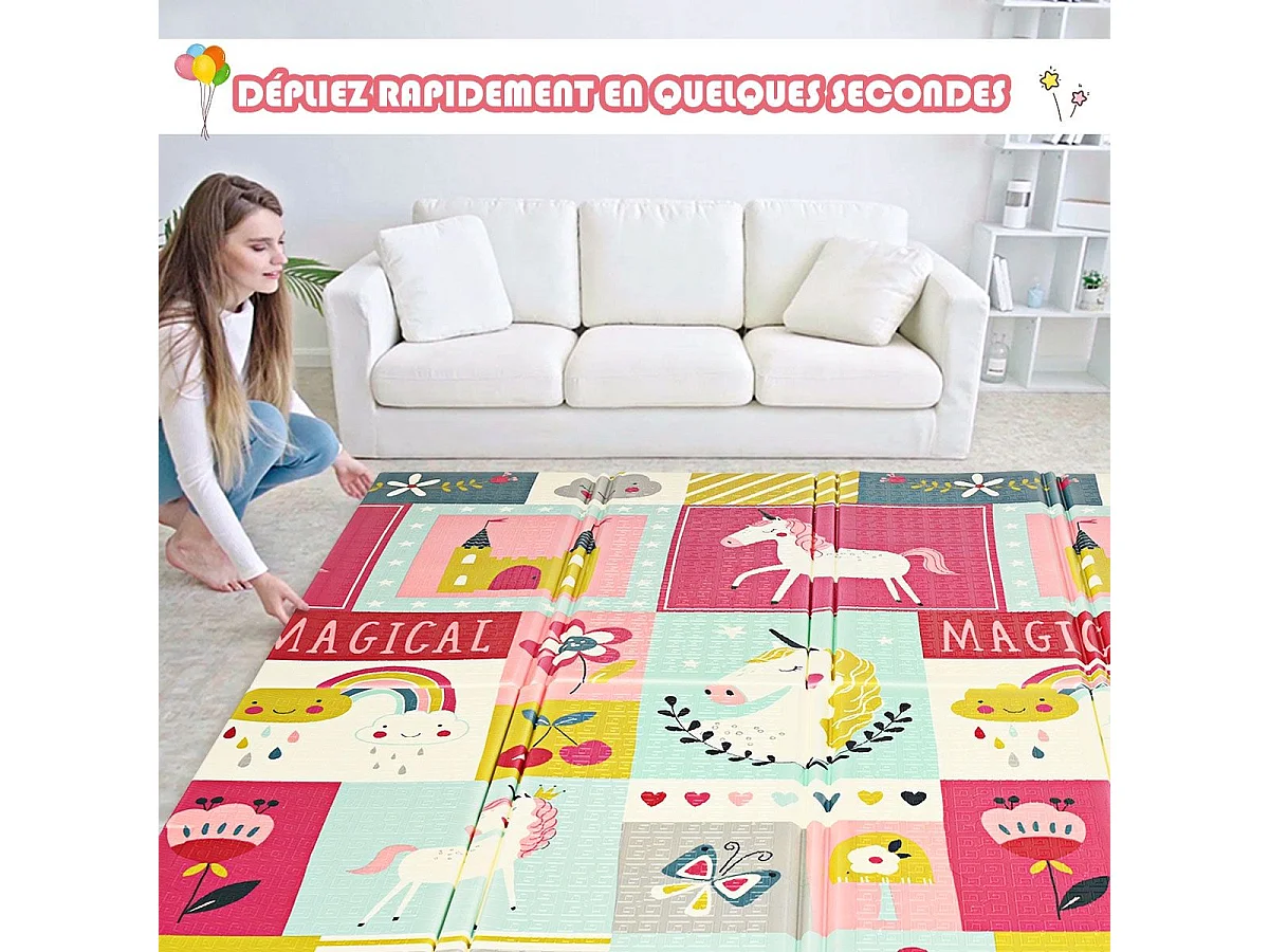 Tapis de Jeu pour Bébé Pliable 200x180x1,4CM avec l'Image Licorne/Lion en Mousse XPE Non Toxique Antidérapant Double Face avec Sac de Transport