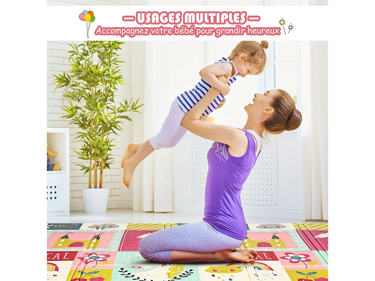 Tapis de Jeu pour Bébé Pliable 200x180x1,4CM avec l'Image Licorne/Lion en Mousse XPE Non Toxique Antidérapant Double Face avec Sac de Transport