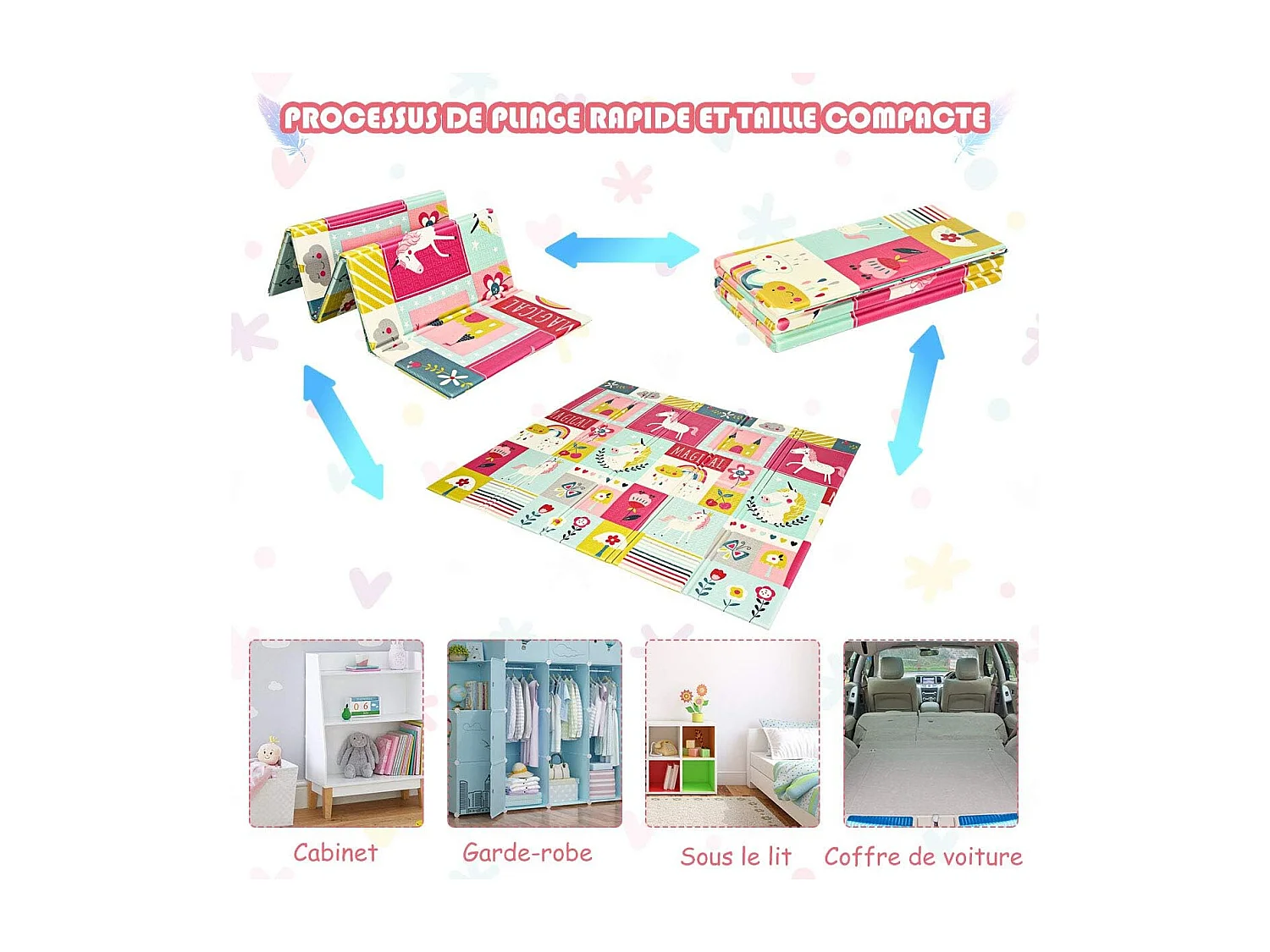 Tapis de Jeu pour Bébé Pliable 200x180x1,4CM avec l'Image Licorne/Lion en Mousse XPE Non Toxique Antidérapant Double Face avec Sac de Transport