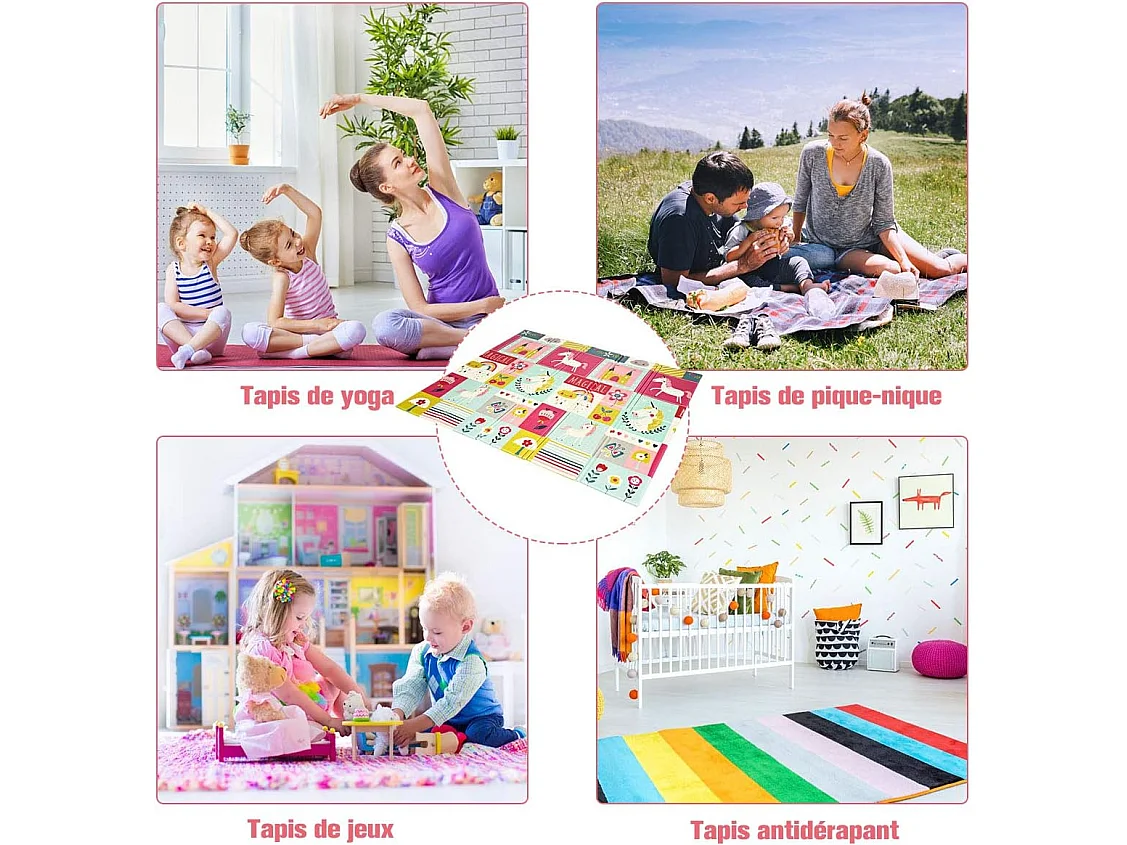Tapis de Jeu pour Bébé Pliable 200x180x1,4CM avec l'Image Licorne/Lion en Mousse XPE Non Toxique Antidérapant Double Face avec Sac de Transport