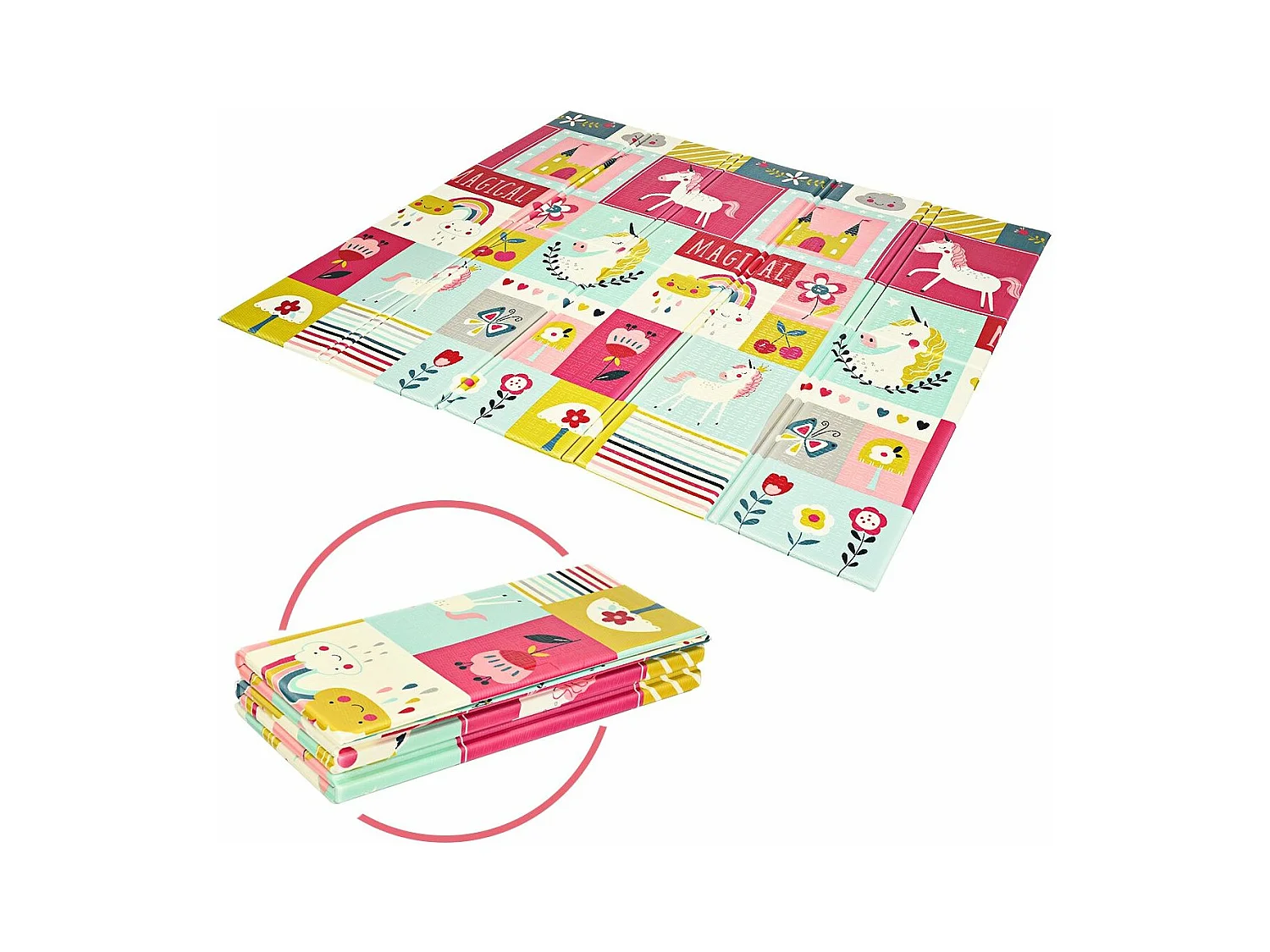 Tapis de Jeu pour Bébé Pliable 200x180x1,4CM avec l'Image Licorne/Lion en Mousse XPE Non Toxique Antidérapant Double Face avec Sac de Transport