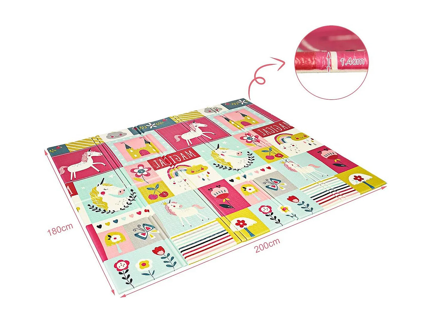 Tapis de Jeu pour Bébé Pliable 200x180x1,4CM avec l'Image Licorne/Lion en Mousse XPE Non Toxique Antidérapant Double Face avec Sac de Transport