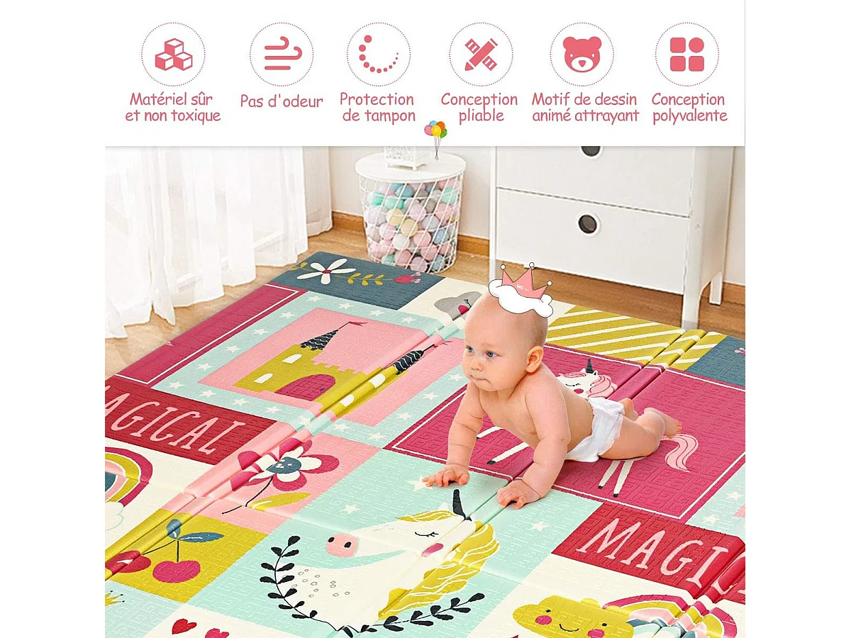 Tapis de Jeu pour Bébé Pliable 200x180x1,4CM avec l'Image Licorne/Lion en Mousse XPE Non Toxique Antidérapant Double Face avec Sac de Transport