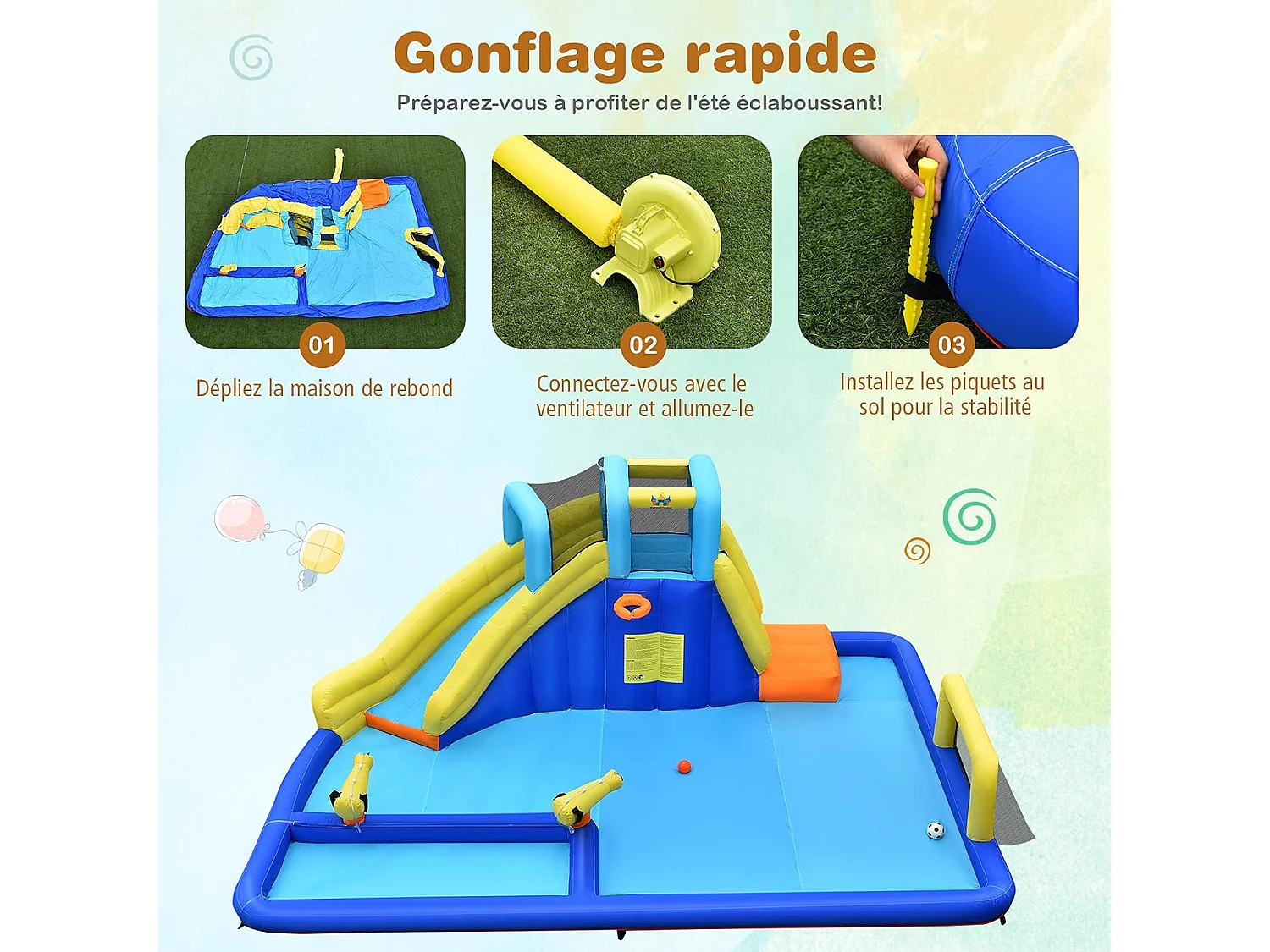 Château Gonflable 6 en 1 avec Escalade Toboggan à Jet d'Eau Grande Piscine Cadre de Football/Basket-ball avec Souffleur 680W