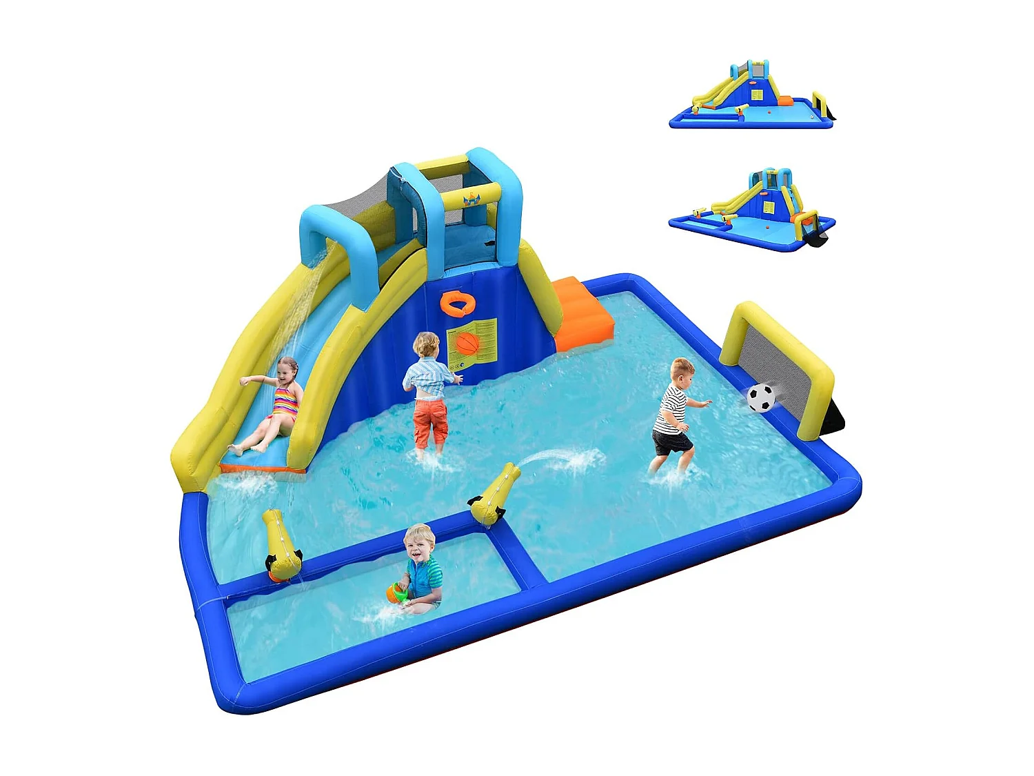 6 en 1 Château Gonflable Aquatique avec Piscine et Toboggan, Maison de Rebond Gonflable avec Panier de Basket, Mur d’Escalade, Pataugeoire pour Enfants de 3 Ans+