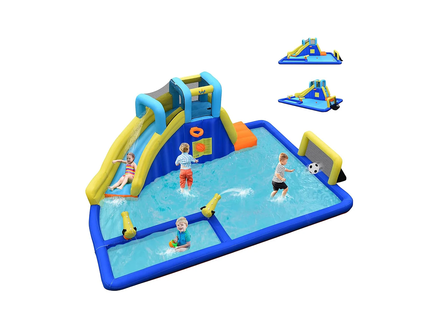 6 en 1 Château Gonflable Aquatique avec Piscine et Toboggan, Maison de Rebond Gonflable avec Panier de Basket, Mur d’Escalade, Pataugeoire pour Enfants de 3 Ans+