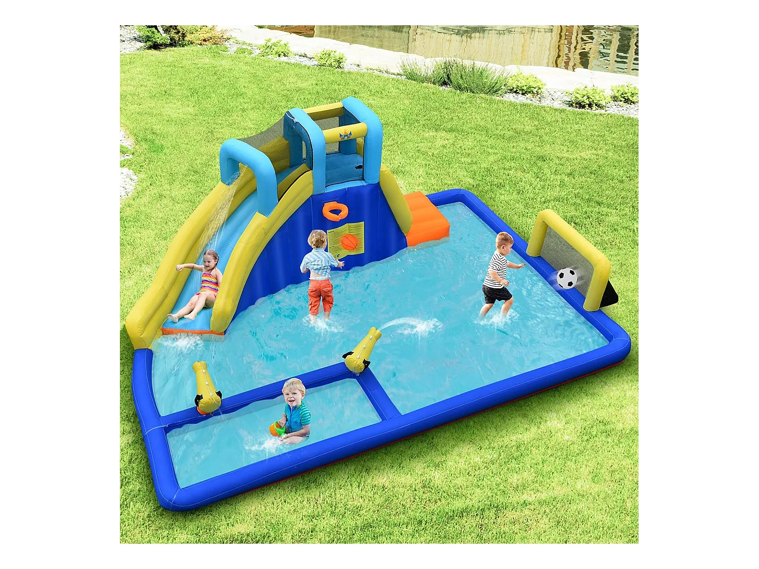 6 en 1 Château Gonflable Aquatique avec Piscine et Toboggan, Maison de Rebond Gonflable avec Panier de Basket, Mur d’Escalade, Pataugeoire pour Enfants de 3 Ans+