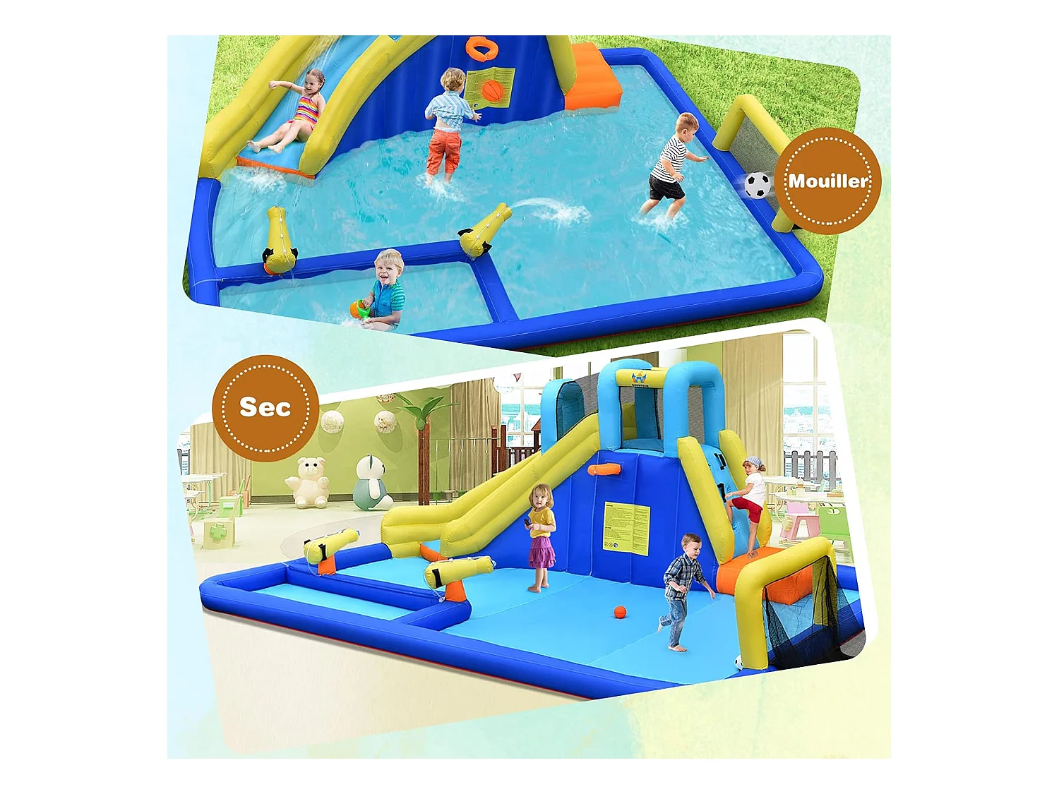 6 en 1 Château Gonflable Aquatique avec Piscine et Toboggan, Maison de Rebond Gonflable avec Panier de Basket, Mur d’Escalade, Pataugeoire pour Enfants de 3 Ans+