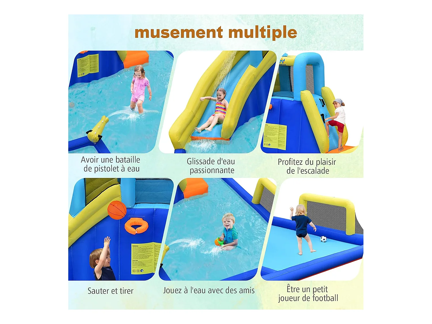 6 en 1 Château Gonflable Aquatique avec Piscine et Toboggan, Maison de Rebond Gonflable avec Panier de Basket, Mur d’Escalade, Pataugeoire pour Enfants de 3 Ans+