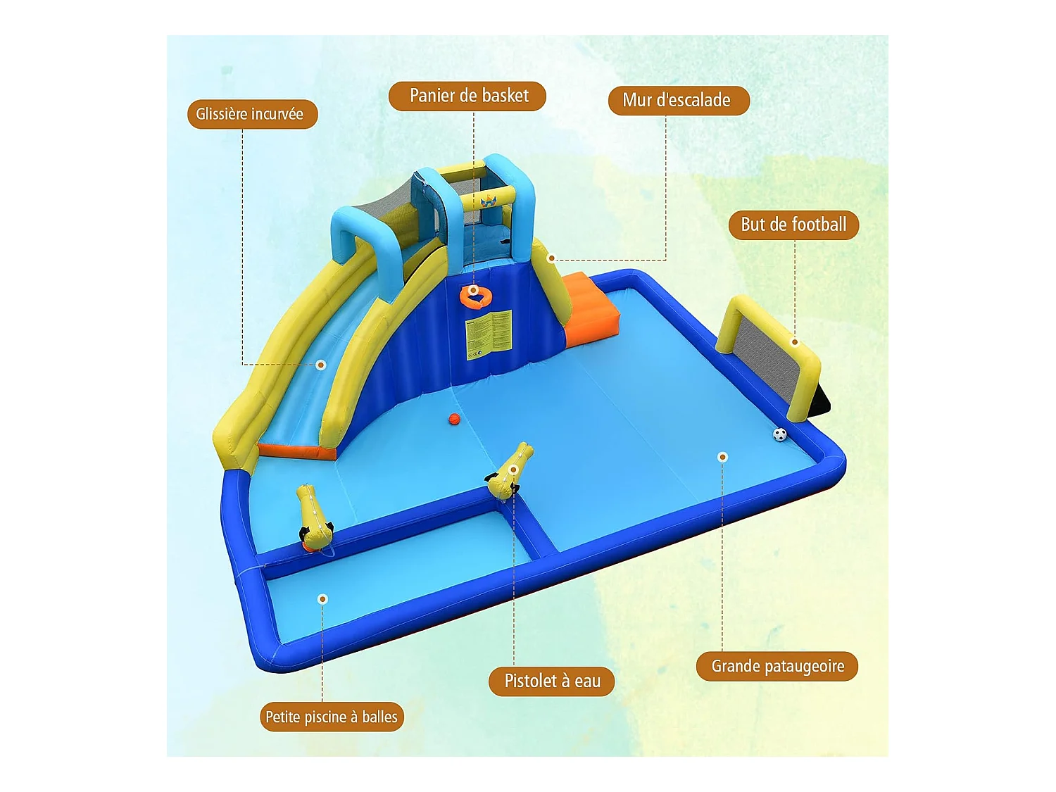 6 en 1 Château Gonflable Aquatique avec Piscine et Toboggan, Maison de Rebond Gonflable avec Panier de Basket, Mur d’Escalade, Pataugeoire pour Enfants de 3 Ans+